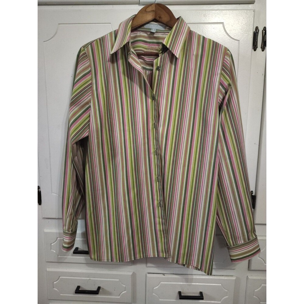Foxcroft Top Womens 10 Striped Button Up Shirt Wrinkle Free Fitted Business